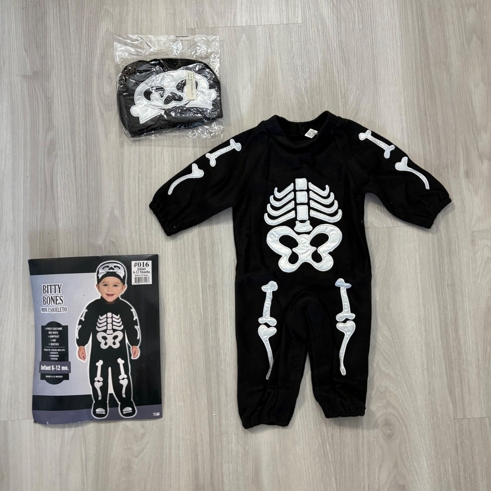 Bitty Bones Infant Halloween Costume 6-12 Months Skeleton Jumpsuit Hat Booties - Picture 2 of 9